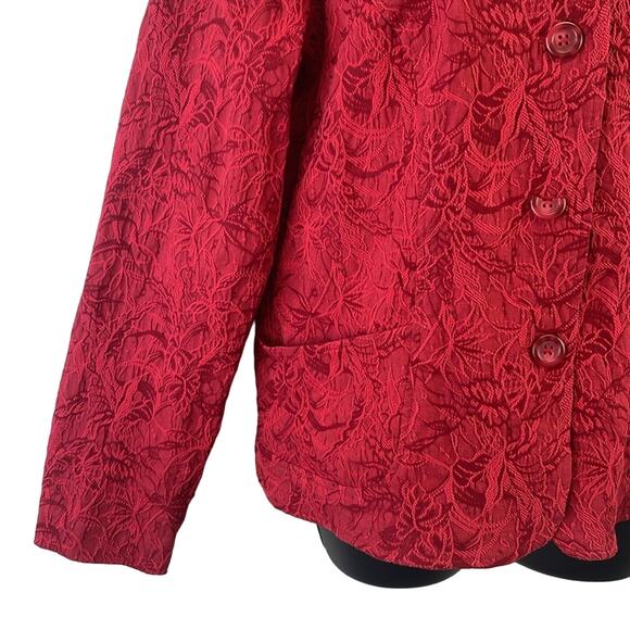 Coldwater Creek Reds Embroidered Floral Detail Comfort Stretch Button Blazer M - Picture 4 of 10